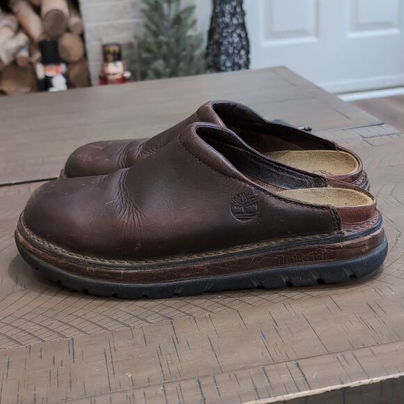 Timberland Brown Leather Slip-On Mules Sz 9 - Picture 2 of 8